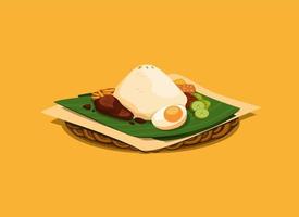 arroz de comida tradicional asiática com acompanhamento servido em folha de bananeira e placa de rattan ilustração vetorial realista