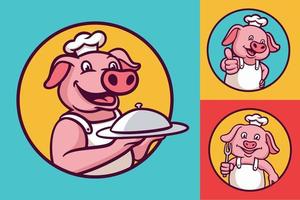 pacote de ilustração do mascote do logotipo do animal do chef porco vetor