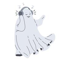 fantasma ouvindo música. fofa dia das Bruxas alegre fantasma com fones de ouvido, mão desenhado vôo fantasma plano ilustração. dia das Bruxas engraçado fantasma personagem vetor