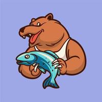 desenho animal urso segurando o logotipo do mascote bonito do peixe vetor