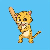 desenho animado animal design logo leopardo jogando beisebol mascote fofo vetor