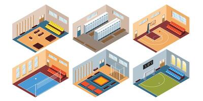 isométrico interior do uma academia, basquetebol tribunal, natação piscina, tênis tribunal, e de outros Esportes vetor