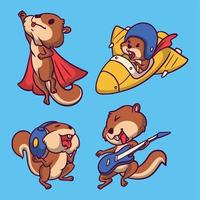 esquilos voadores, esquilos embarcando em aviões, esquilos ouvem música e esquilos tocam guitarra pacote de ilustração do mascote do logotipo do animal vetor