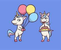 desenho animal desenho unicórnio segurando balões e bolo de aniversário bonito mascote ilustração vetor