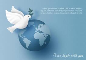 branco Pombo vôo em global com slogan em azul papel padronizar fundo. cartaz de campanha do internacional Paz dia dentro papel cortar estilo vetor