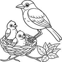 pássaros em uma ramo dentro ninho ilustração Preto e branco vetor