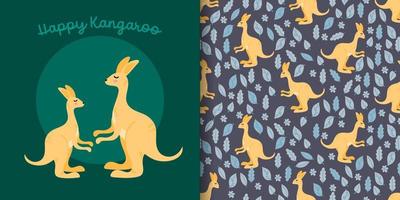 Ilustração de desenho animado animal canguru fofo com conjunto de padrões sem emenda vetor