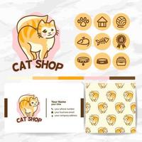 gato fofo logotipo animal com conjunto de ícones e padrões para coleções de pet shop vetor