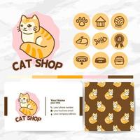 gato fofo logotipo animal com conjunto de ícones e padrões para coleções de pet shop vetor