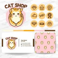 gato fofo logotipo animal com conjunto de ícones e padrões para coleções de pet shop