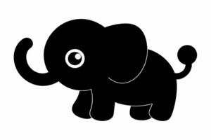 fofa Preto elefante desenho animado com grande orelhas e Largo olhos. bebê animal, adorável ilustração, crianças arte, brincalhão Projeto conceito. Preto silhueta isolado em branco fundo. vetor