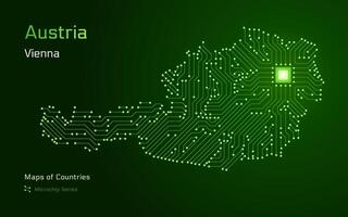 Áustria mapa com uma capital do Viena mostrando dentro uma microchip padronizar com processador. e-governo. mundo países mapas. microchip Series vetor