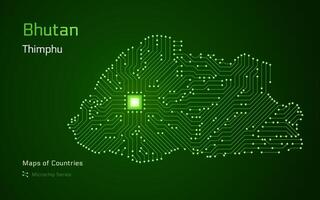 Butão mapa com uma capital do Thimphu mostrando dentro uma microchip padronizar com processador. e-governo. mundo países mapas. microchip Series vetor