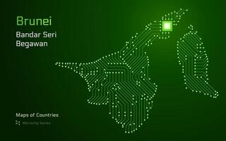 brunei mapa com uma capital do Bandar seri Begawan mostrando dentro uma microchip padronizar com processador. e-governo. mundo países mapas. microchip Series vetor