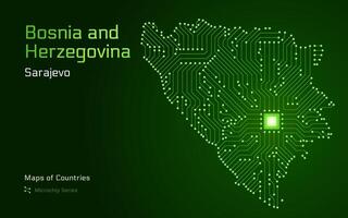 Bósnia e herzegovina mapa com uma capital do sarajevo. república srpska. mostrando dentro uma microchip padronizar com processador. e-governo. mundo países mapas. microchip Series vetor