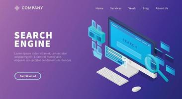 conceito de otimização de mecanismo de pesquisa com tela de computador e classificação de resultados de página de pesquisa com gráfico e gráfico para modelo de site ou página inicial de destino vetor