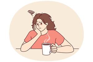 cansado mulher com triste face bebidas quente café e faz não quer para ir para trabalhos vencimento para falta do dormir vetor