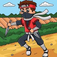 ninja segurando uma kunai colori desenho animado ilustração vetor