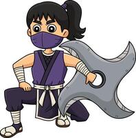 ninja kunoichi com uma grande Shuriken desenho animado clipart vetor