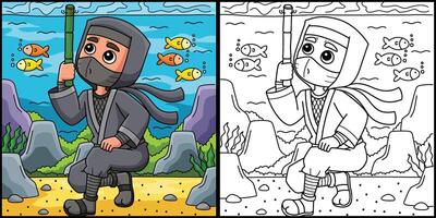 ninja se escondendo debaixo a água coloração ilustração vetor