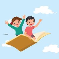 fofa escola crianças vôo em uma grande aberto livro dentro a azul céu vetor