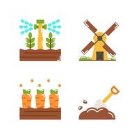 conjunto do agricultura ícones estilo plano ilustração com aspersor, moinho de vento, cenouras terra e pá isolado branco fundo. vetor