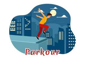 Parkour Esportes ilustração apresentando jovem homens pulando sobre paredes e barreiras dentro cidade rua e construção dentro uma plano estilo desenho animado fundo vetor