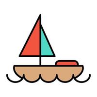 barco a vela conjunto ícone. bronzeado barco, vermelho e verde velas, azul ondas, marítimo, navegação, náutico, viagem, aventura, lazer, água esporte. vetor