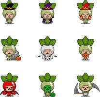 vector cartoon personagem vegetal couve-rábano, mascote, traje, halloween, pacote, conjunto