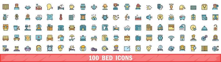 100 cama ícones definir, cor linha estilo vetor