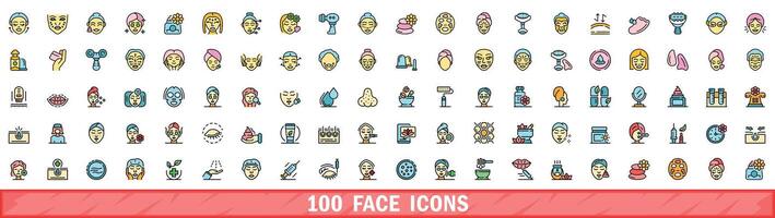 100 face ícones definir, cor linha estilo vetor