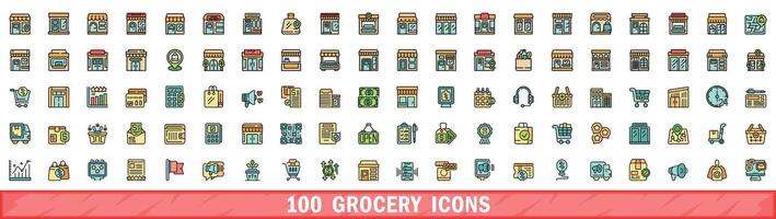 100 mercearia ícones definir, cor linha estilo vetor