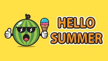 mascote da melancia usando óculos escuros e segurando um sorvete com uma faixa de saudação de verão Olá vetor
