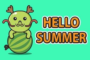 Cachorro mascote fofo abraçando a melancia com o banner de saudação de verão vetor
