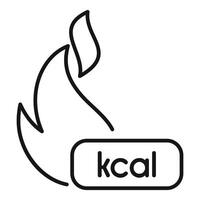 simples linha arte do uma chama com 'kcal' rótulo, representando energia e calorias vetor