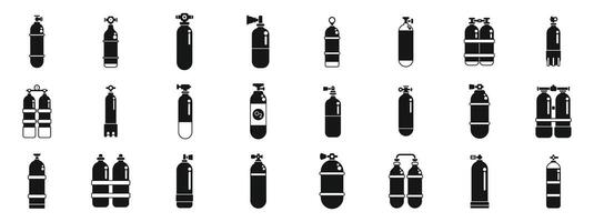 mergulho cilindros ícones conjunto . uma coleção do Preto e branco ícones do vários tipos do gás cilindros vetor