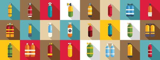 mergulho cilindros ícones conjunto . uma coleção do vários colori fogo extintores dentro diferente tamanhos e formas vetor