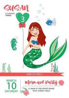modelo de cartão de convite de festa de aniversário infantil com vetor de sereia e vida marinha fofa