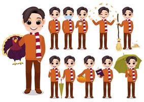 coleção de atividades ao ar livre de outono menino personagem de desenho animado com suéter laranja e lenço, desenho isolado em ilustração vetorial de fundo branco vetor
