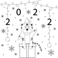 cartão de ano novo doodle em preto e branco com um tigre e guirlandas vetor