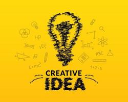 conceito de ideias criativas com lâmpada doodle e letras de tipografia da ideia em fundo amarelo, inspiração, inovação, criatividade vetor