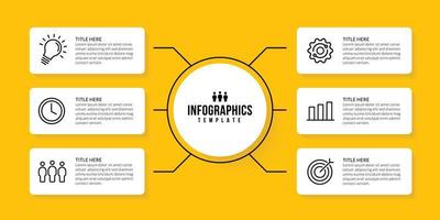 projeto de modelo de infográfico de fluxo de trabalho com 6 opções em fundo amarelo, conceito de visualização de dados de negócios vetor