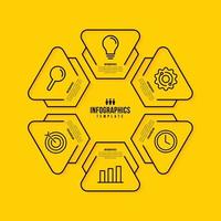 Infográfico de hexágono design com várias opções, conceito de etapas de visualização de dados de negócios, estilo de ícones de linha fina em fundo amarelo vetor