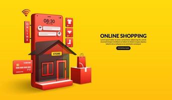 compras online no site e aplicativo móvel por telefone inteligente, loja de marketing digital e conceito de loja vetor