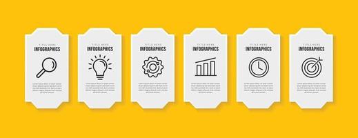 projeto de modelo de infográfico de fluxo de trabalho com 6 opções em fundo amarelo, conceito de visualização de dados de negócios vetor