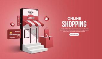 compras online no site e aplicativo móvel por telefone inteligente, loja de marketing digital e conceito de loja vetor