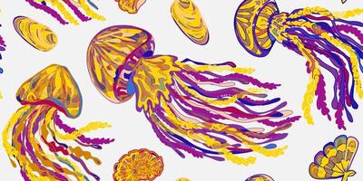 ondulado medusa colorida tropical mar animais. desatado sobreposição padronizar. vetor