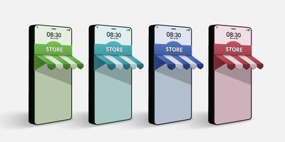 conjunto de lojas online em forma de smartphone 3D, conceito de compras online no site e aplicativo móvel vetor