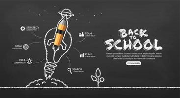 foguete lápis com lâmpada lançando infográfico espacial, bem-vindo de volta ao fundo da escola vetor