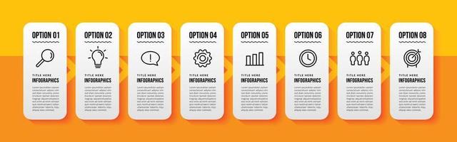 Modelo de infográfico de 8 opções em fundo amarelo, fluxo de trabalho de negócios com conceito de várias etapas vetor